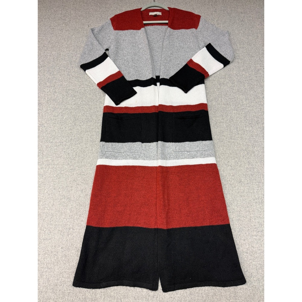 By Design Duster Cardigan Size Medium Colorblock Striped Red Grey Black Pockets